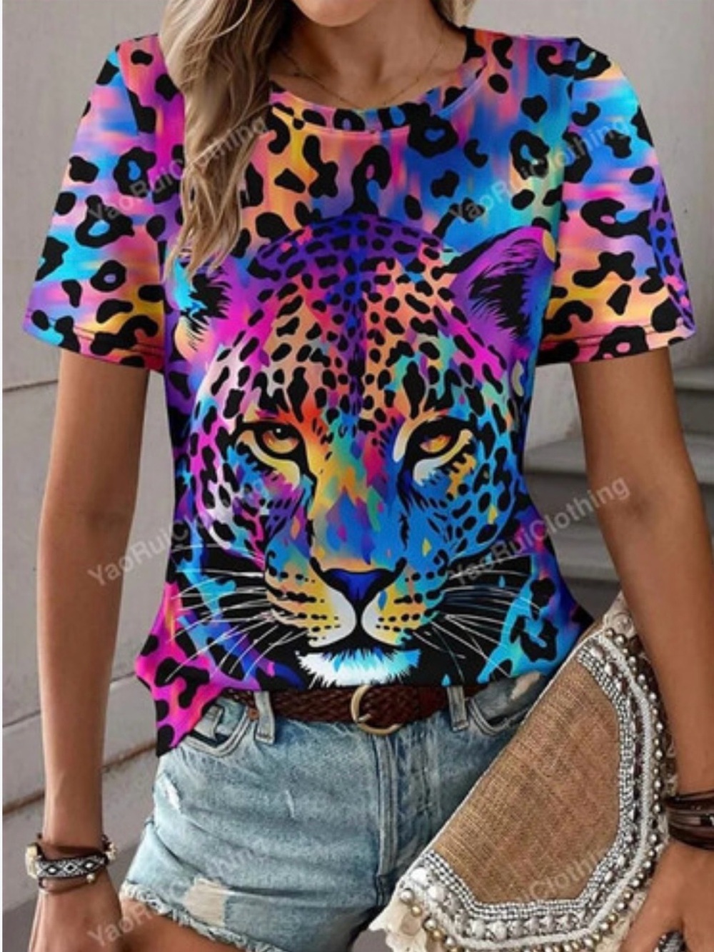 Women’s Rainbow Leopard Graphic Tee - Multicolor